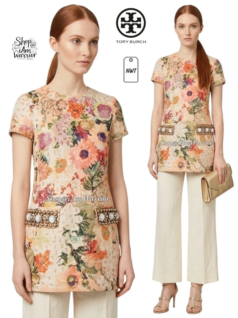 Tory Burch NWT painterly floral tweed short sleeve jeweled top *shop@iamwarrior